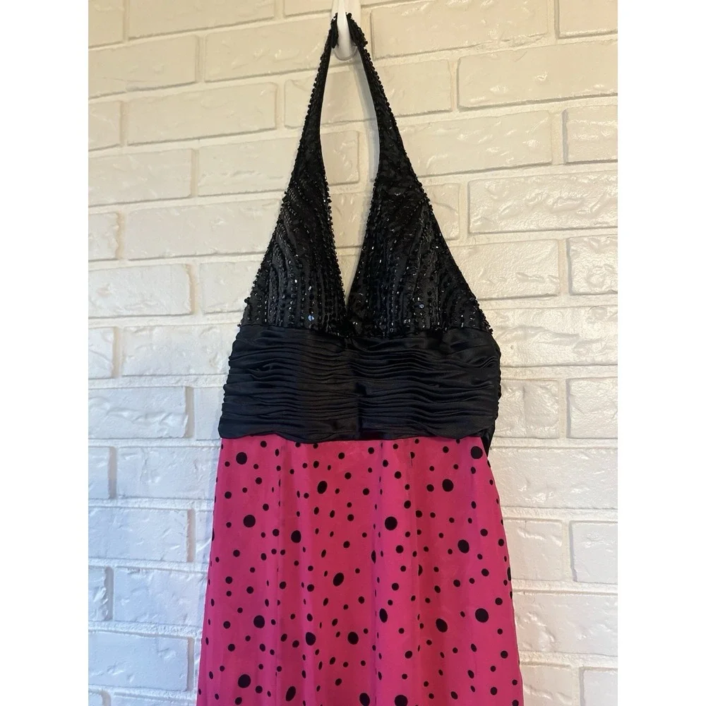 Tiffany Designs Size 10 Hot Pink Black Polka Dot‎ Beaded Halter Prom Gown Y2K